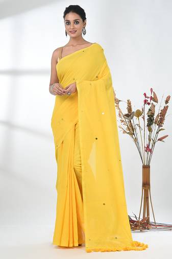 Elegant yellow cotton handspun saree with sequin embellishments and pom pom