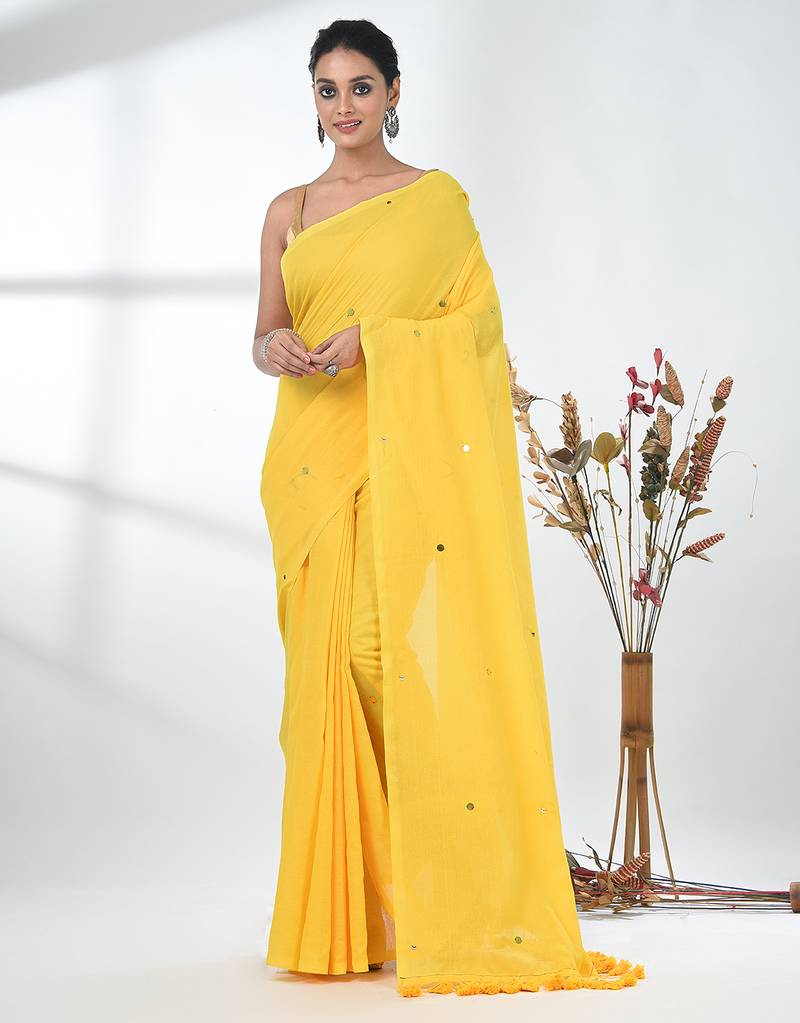 Elegant yellow cotton handspun saree with sequin embellishments and pom pom
