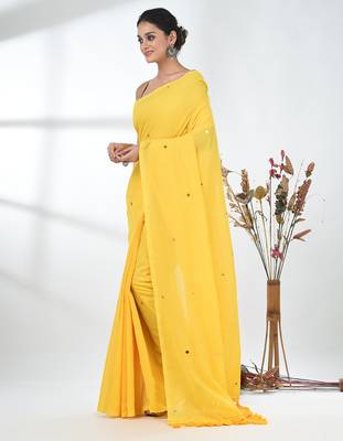 Elegant yellow cotton handspun saree with sequin embellishments and pom pom 2