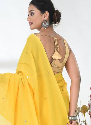 Elegant yellow cotton handspun saree with sequin embellishments and pom pom 3