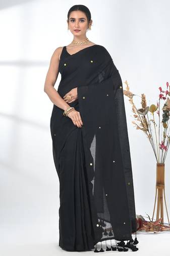 Elegant black cotton handspun saree with sequin embellishments and pom pom