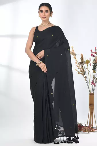 Elegant black cotton handspun saree with sequin embellishments and pom pom