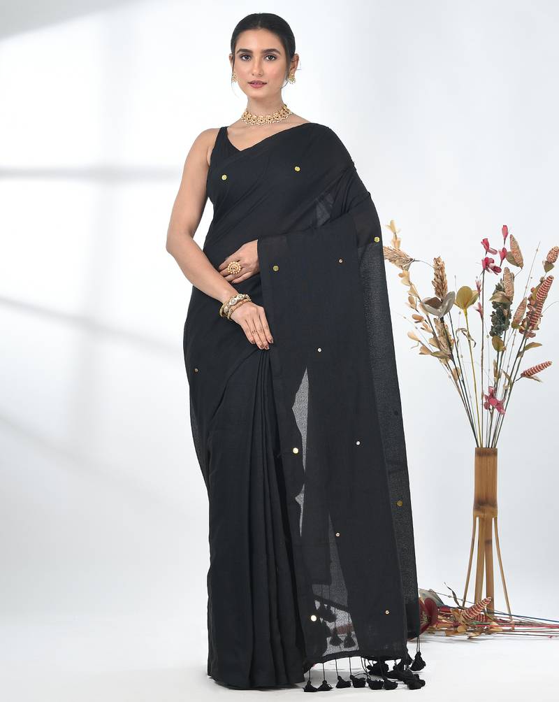 Elegant black cotton handspun saree with sequin embellishments and pom pom