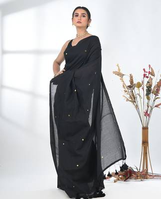 Elegant black cotton handspun saree with sequin embellishments and pom pom 2