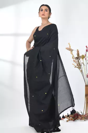 Elegant black cotton handspun saree with sequin embellishments and pom pom
