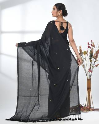 Elegant black cotton handspun saree with sequin embellishments and pom pom 3
