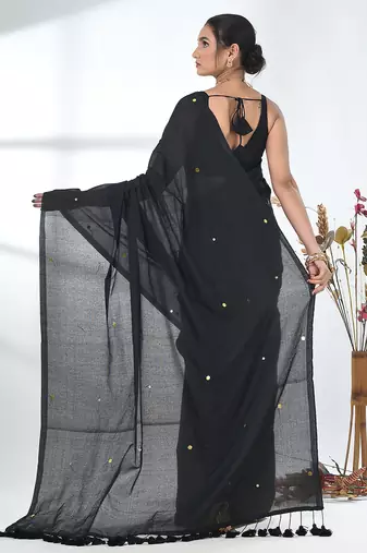 Elegant black cotton handspun saree with sequin embellishments and pom pom