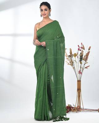 Elegant green cotton handspun saree with sequin embellishments and pom pom 1