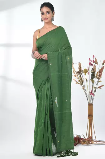 Elegant green cotton handspun saree with sequin embellishments and pom pom