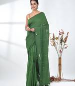 Elegant green cotton handspun saree with sequin embellishments and pom pom