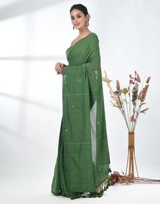 Elegant green cotton handspun saree with sequin embellishments and pom pom 2