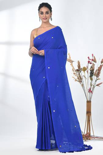 Elegant blue cotton handspun saree with sequin embellishments and pom pom