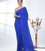 Elegant blue cotton handspun saree with sequin embellishments and pom pom