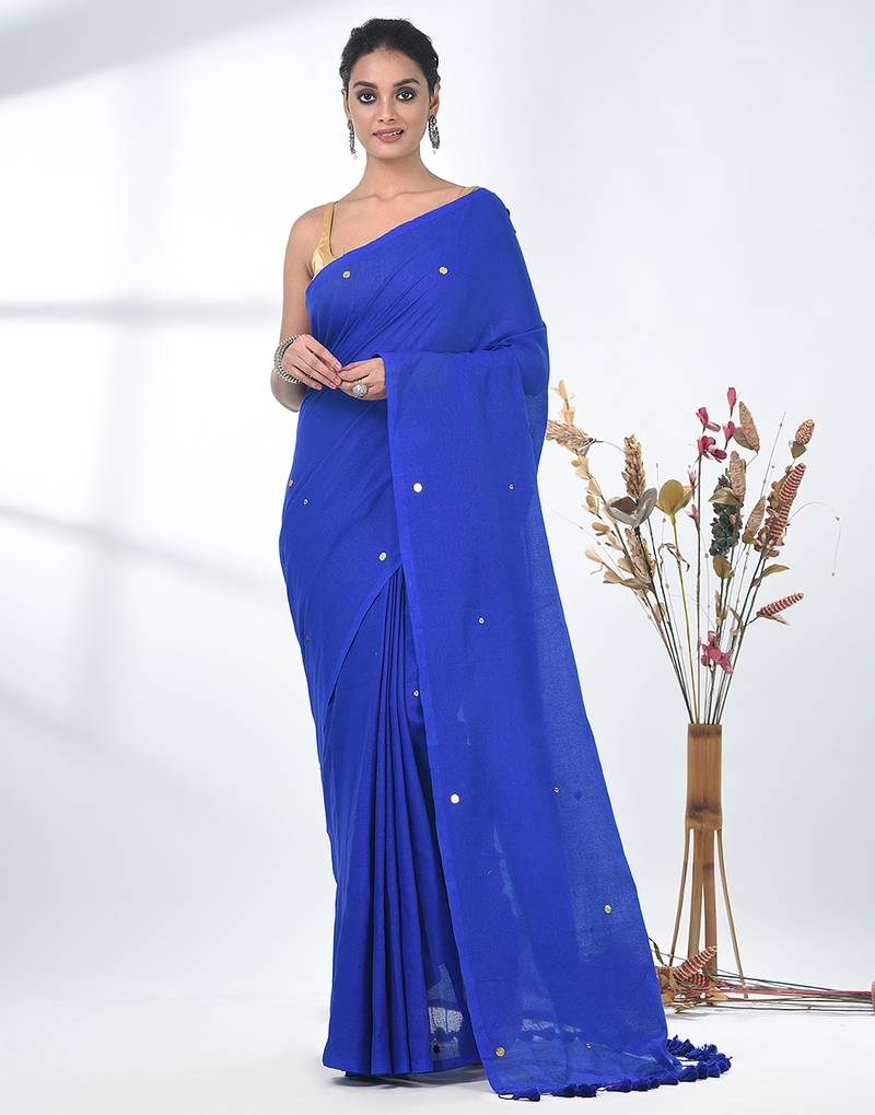 Elegant blue cotton handspun saree with sequin embellishments and pom pom