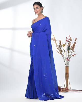 Elegant blue cotton handspun saree with sequin embellishments and pom pom 2