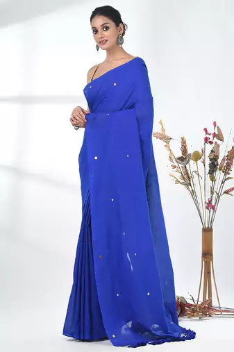 Elegant blue cotton handspun saree with sequin embellishments and pom pom