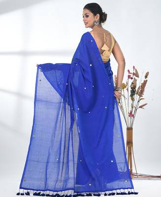 Elegant blue cotton handspun saree with sequin embellishments and pom pom 3