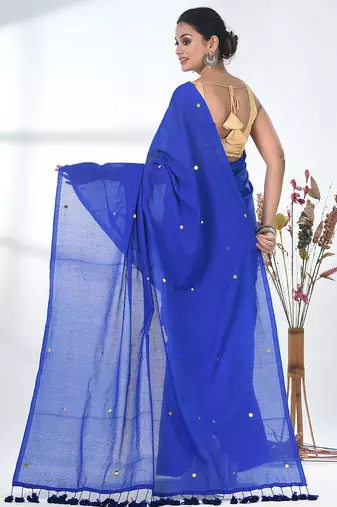 Elegant blue cotton handspun saree with sequin embellishments and pom pom