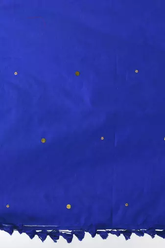 Elegant blue cotton handspun saree with sequin embellishments and pom pom