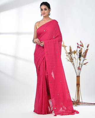 Elegant pink cotton handspun saree with sequin embellishments and pom pom 1