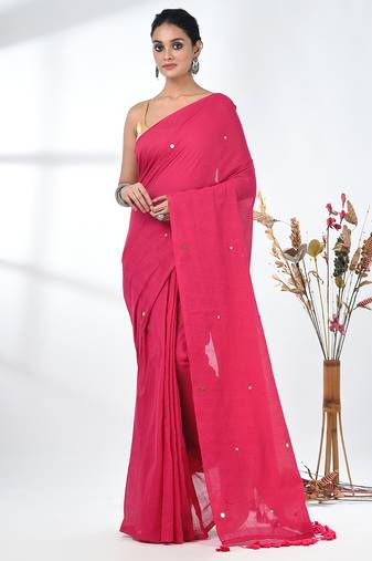 Elegant pink cotton handspun saree with sequin embellishments and pom pom