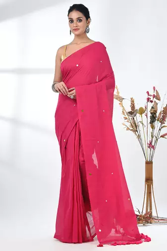 Elegant pink cotton handspun saree with sequin embellishments and pom pom
