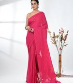 Elegant pink cotton handspun saree with sequin embellishments and pom pom