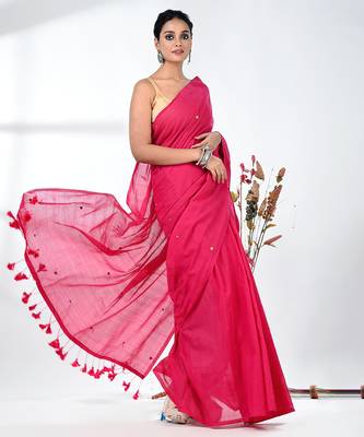 Elegant pink cotton handspun saree with sequin embellishments and pom pom 2
