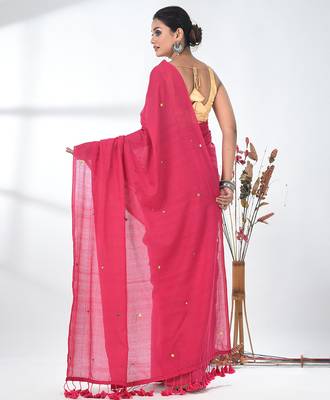 Elegant pink cotton handspun saree with sequin embellishments and pom pom 3