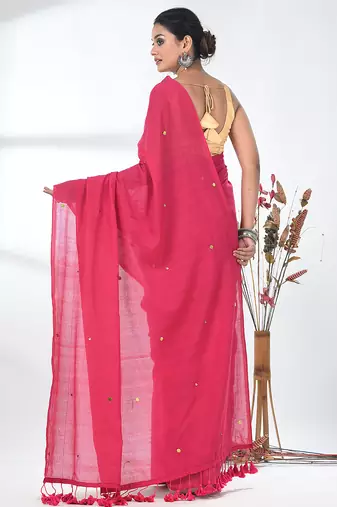 Elegant pink cotton handspun saree with sequin embellishments and pom pom