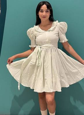 Mint green pure cotton summer mini dress with ruffeled sleeves 1