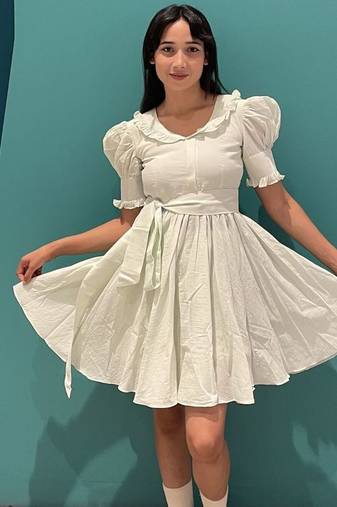 Mint green pure cotton summer mini dress with ruffeled sleeves