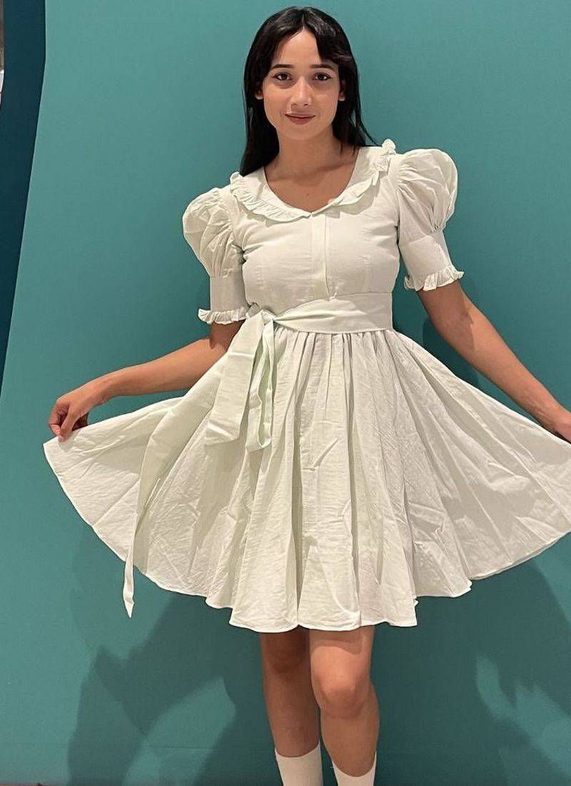Mint green pure cotton summer mini dress with ruffeled sleeves