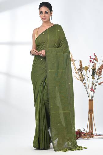 Elegant sap green cotton handspun saree with sequin embellishments and pom pom
