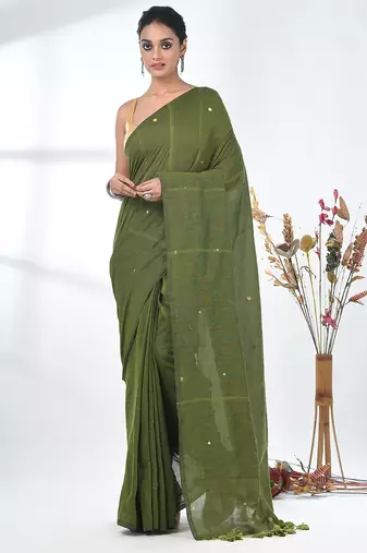 Elegant sap green cotton handspun saree with sequin embellishments and pom pom