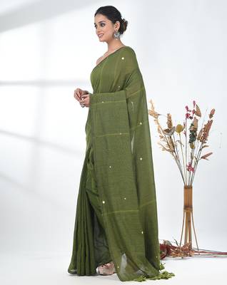 Elegant sap green cotton handspun saree with sequin embellishments and pom pom 2