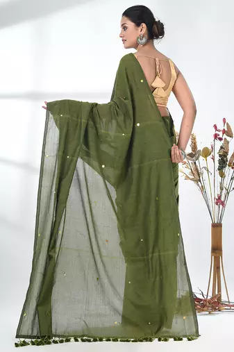 Elegant sap green cotton handspun saree with sequin embellishments and pom pom