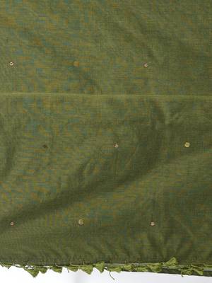 Elegant sap green cotton handspun saree with sequin embellishments and pom pom 4