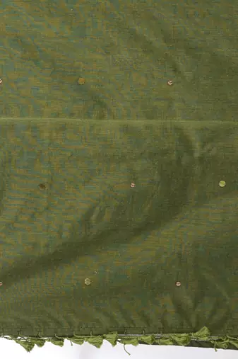 Elegant sap green cotton handspun saree with sequin embellishments and pom pom