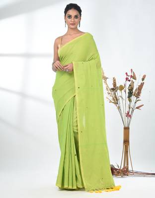 Elegant lime green cotton handspun saree with sequin embellishments and pom pom 1