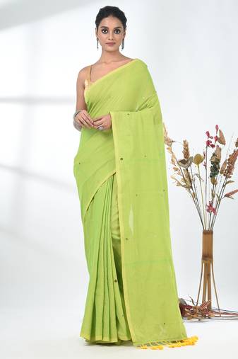 Elegant lime green cotton handspun saree with sequin embellishments and pom pom