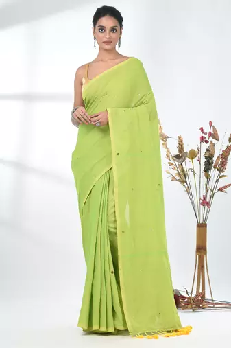 Elegant lime green cotton handspun saree with sequin embellishments and pom pom