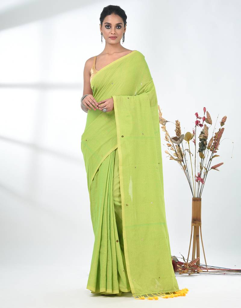Elegant lime green cotton handspun saree with sequin embellishments and pom pom
