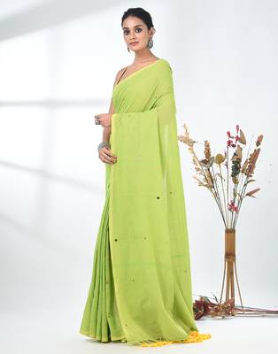 Elegant lime green cotton handspun saree with sequin embellishments and pom pom 2