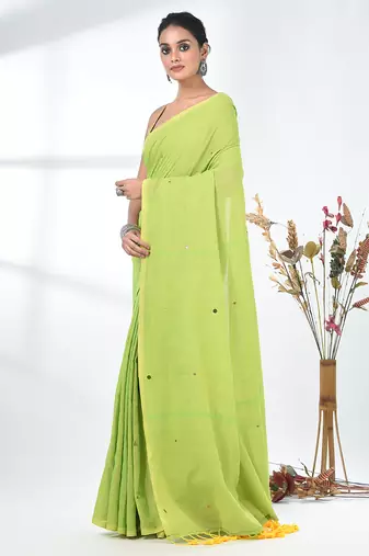 Elegant lime green cotton handspun saree with sequin embellishments and pom pom
