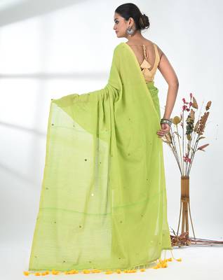 Elegant lime green cotton handspun saree with sequin embellishments and pom pom 3
