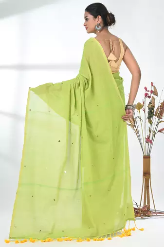 Elegant lime green cotton handspun saree with sequin embellishments and pom pom
