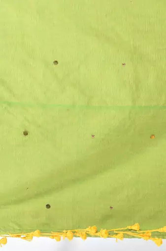 Elegant lime green cotton handspun saree with sequin embellishments and pom pom