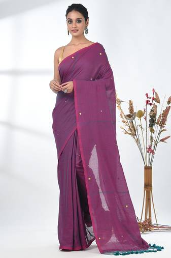 Elegant magenta cotton handspun saree with sequin embellishments and pom pom
