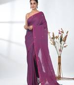 Elegant magenta cotton handspun saree with sequin embellishments and pom pom